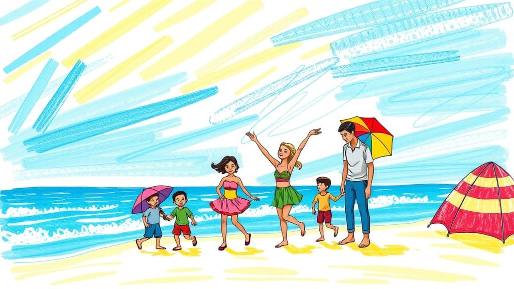 Vibrant Family Beach Holiday in Naive Crayon Pop Art Style