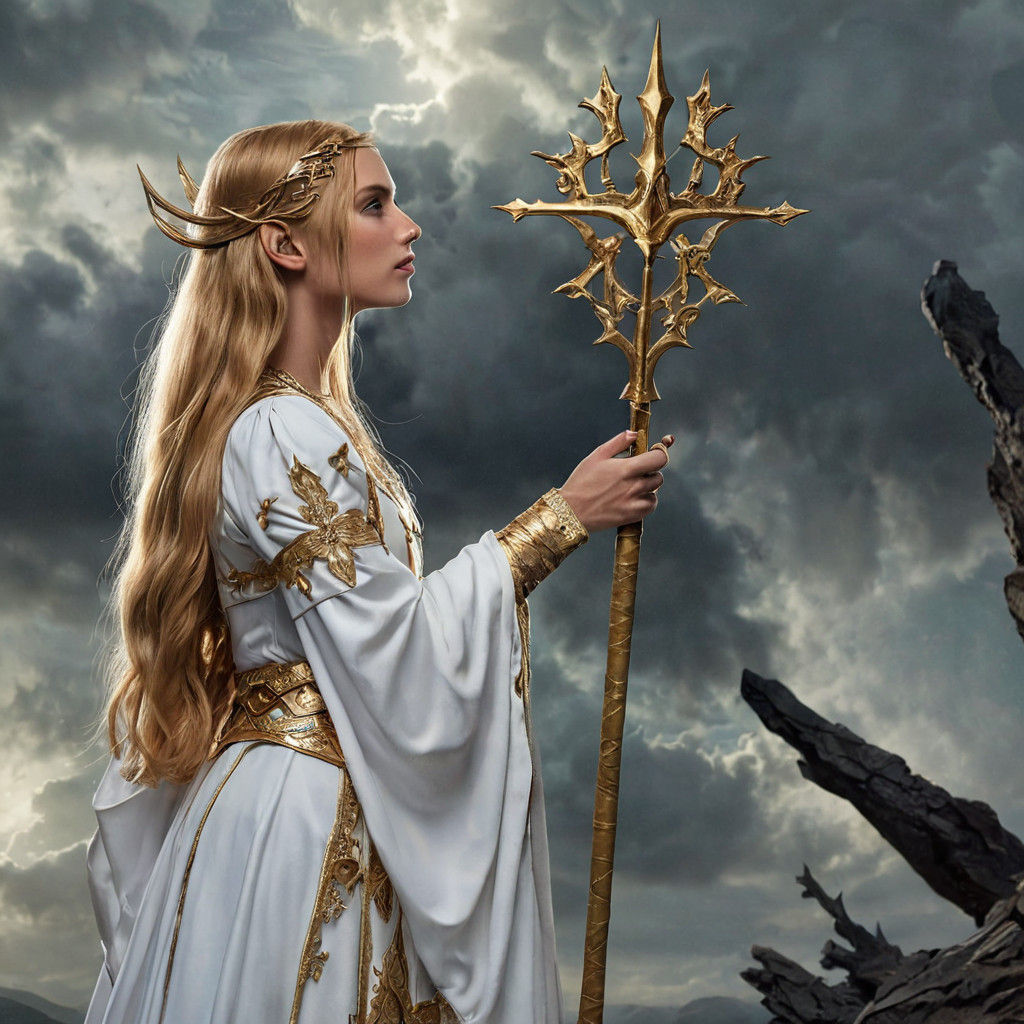 Golden Elf Princess Reigns on Windswept Rock in a Cyberpunk...