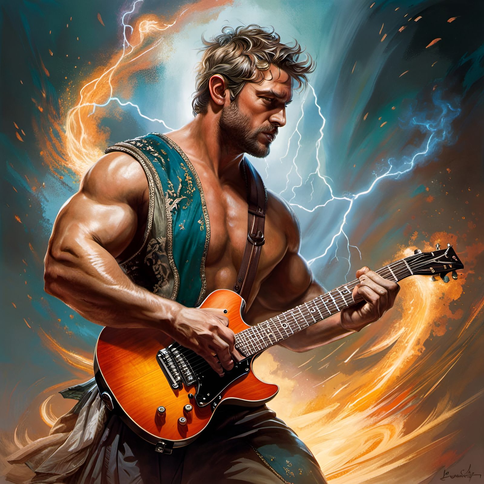 Spartan Rockstar with Electric Guitar, Renaissance Style