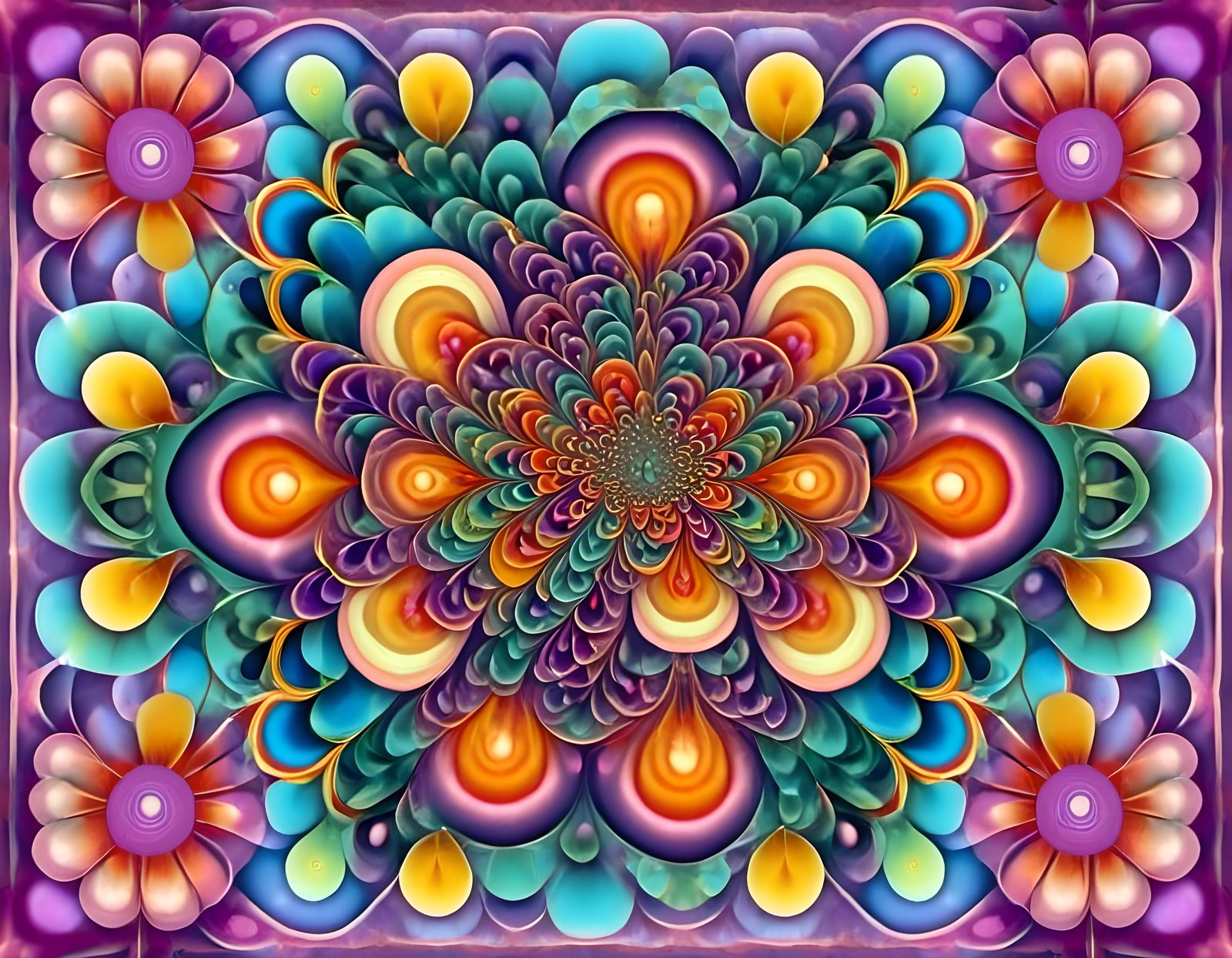 Fractalized Colorful Lily Pad and Flowers