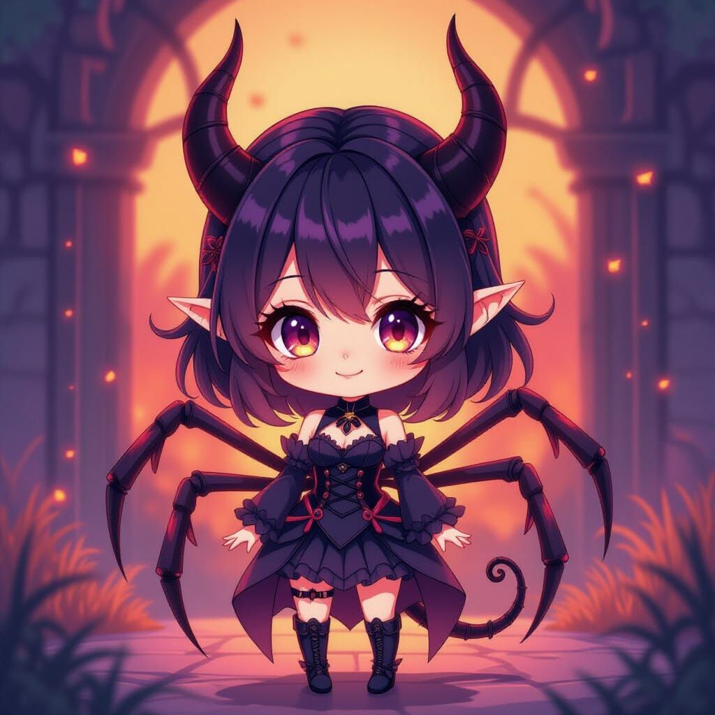 Cute Chibi Demon Spider Woman in Gothic Outfit