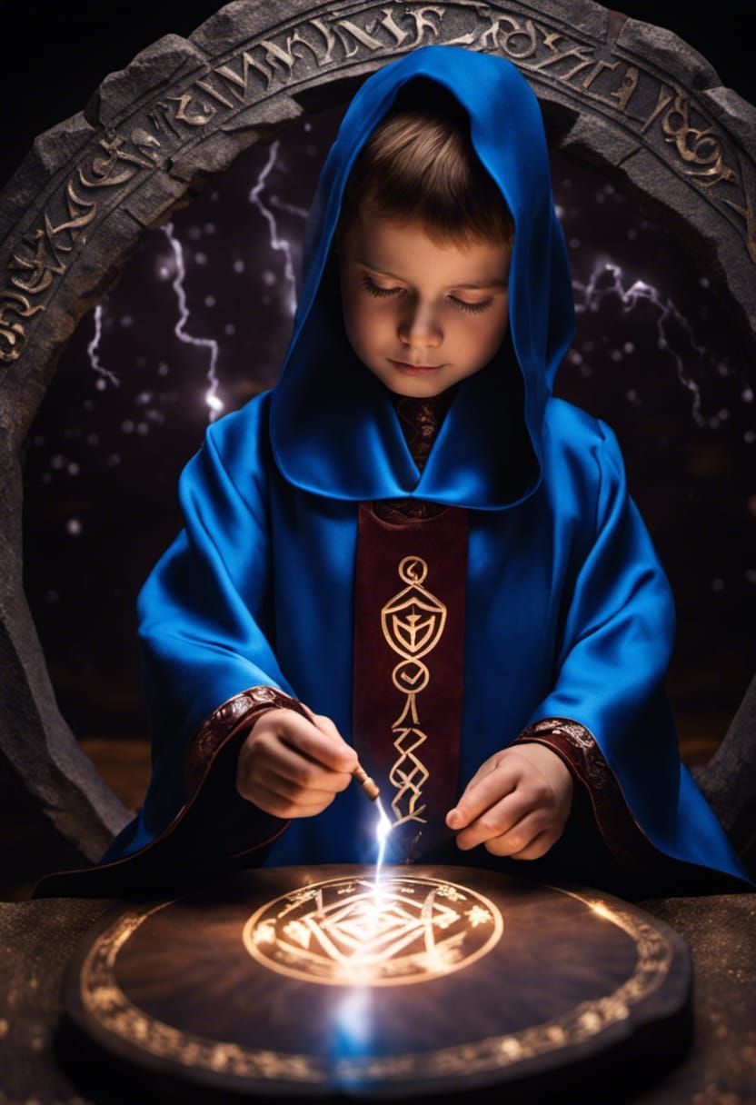 Young Wizard Inscribing Runes with Lightning Bolt