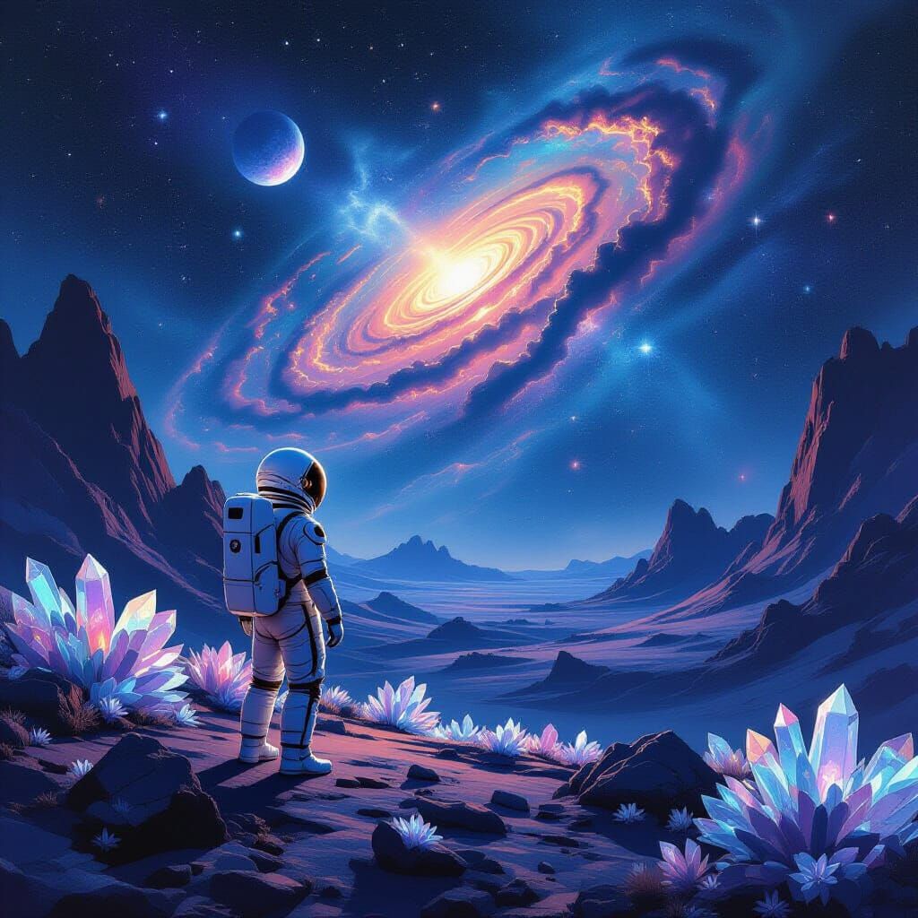 Astronaut Gazes at Nebula on Alien Planet with Crystalline F...