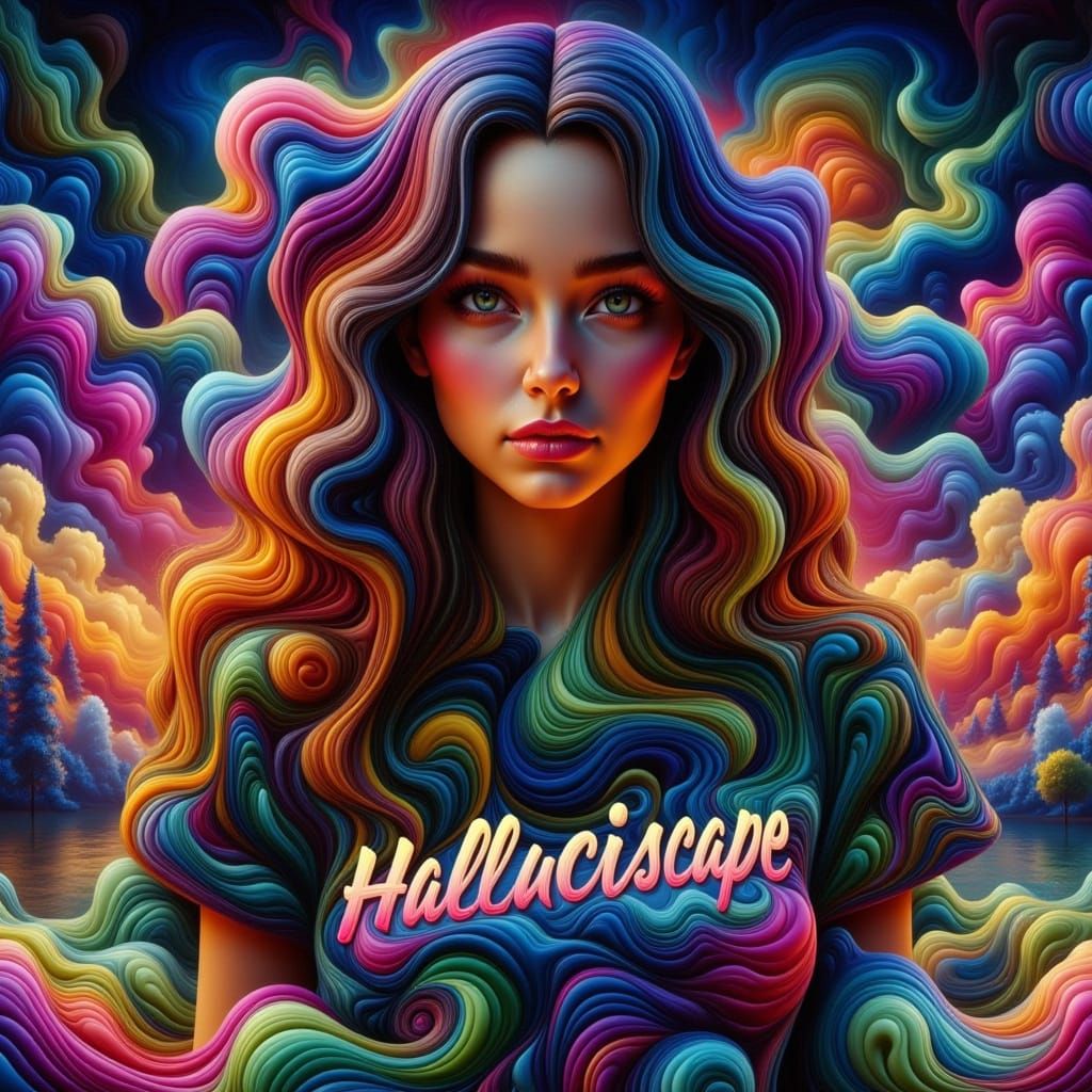 Attractive Woman with Psychedelic 'Halluciscape' T-Shirt
