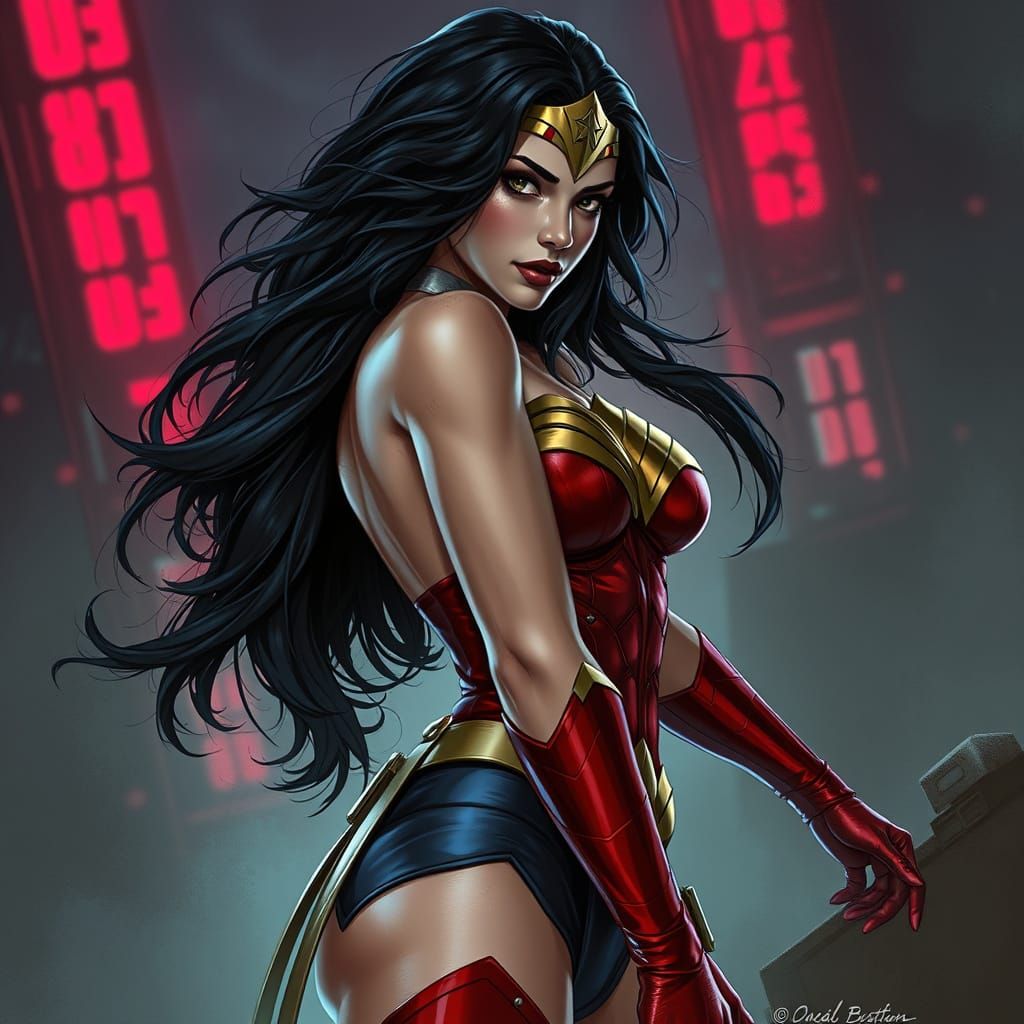 Cyberpunk Goddess Battles Cthulhu in Neon-Lit Urban Jungle