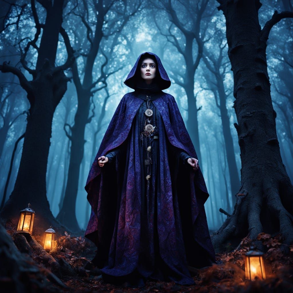 Mystical Tarot Reader in Forest Clearing