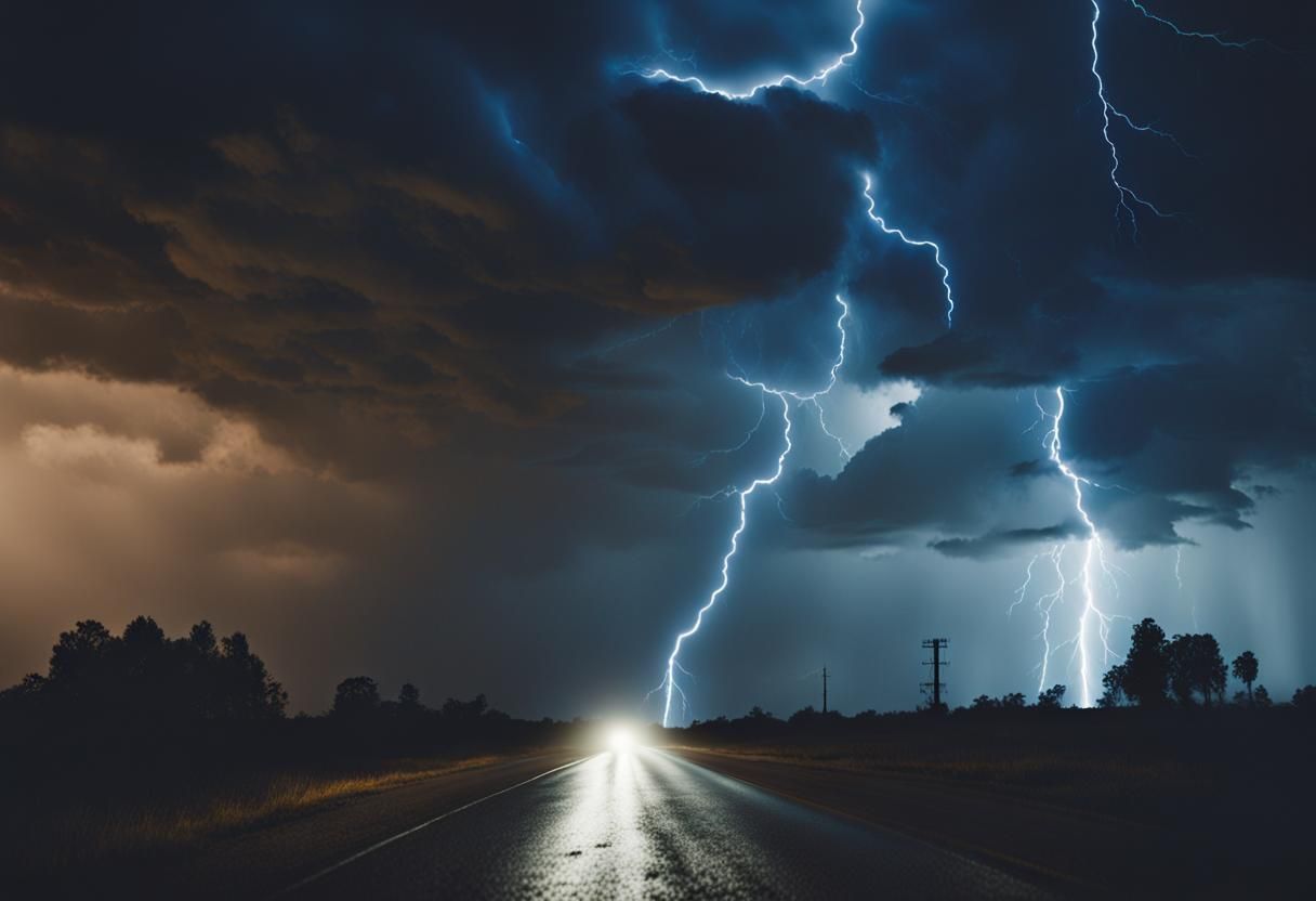 Deserted Highway Illuminated by Dramatic Lightning
