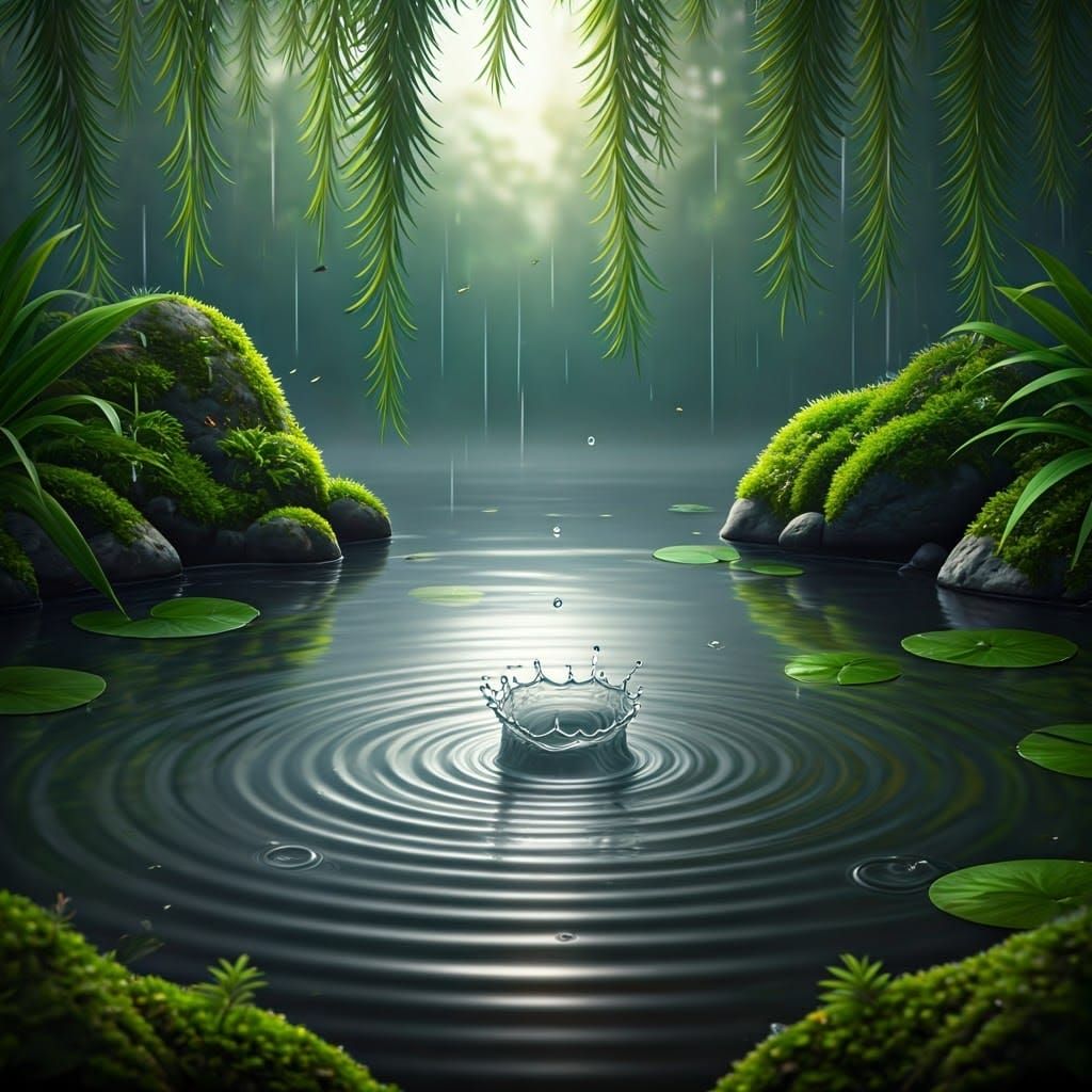 Gentle Rainfall on a Serene Pond in a Verdant Landscape