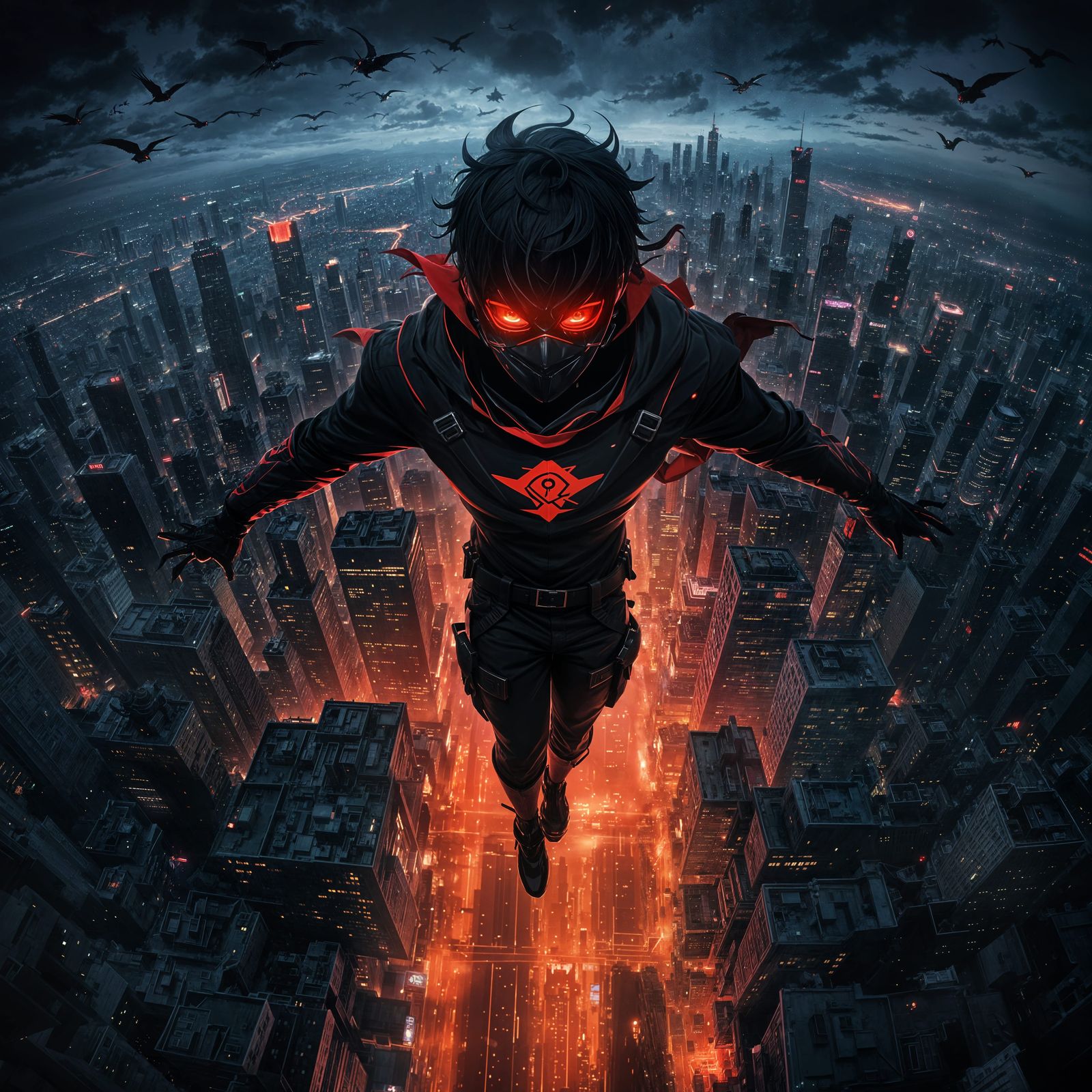 Dark Hero Soars Above Cityscape at Night