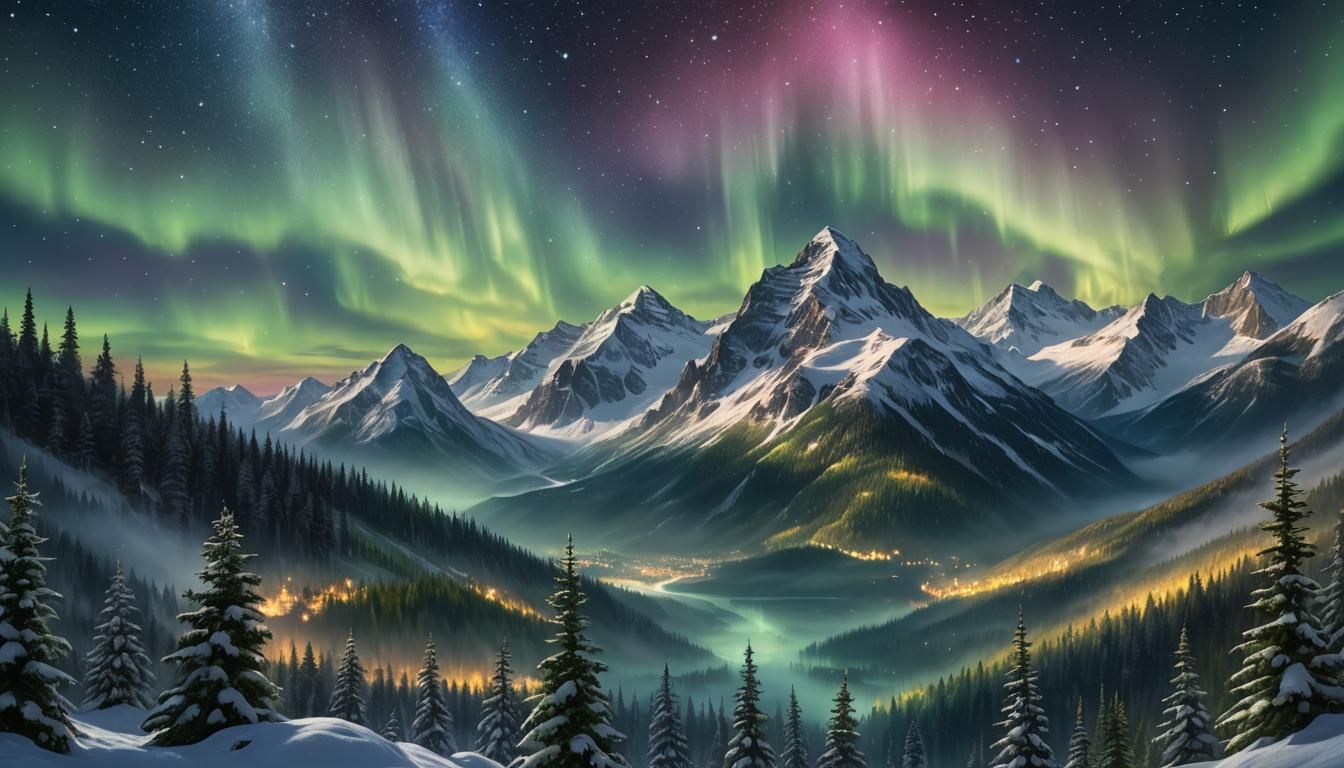 Aurora Borealis Over Snowy Mountain Landscape