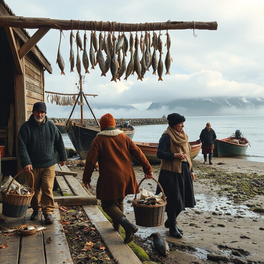 Norwegian Fishermen Unloading Catch at Pier