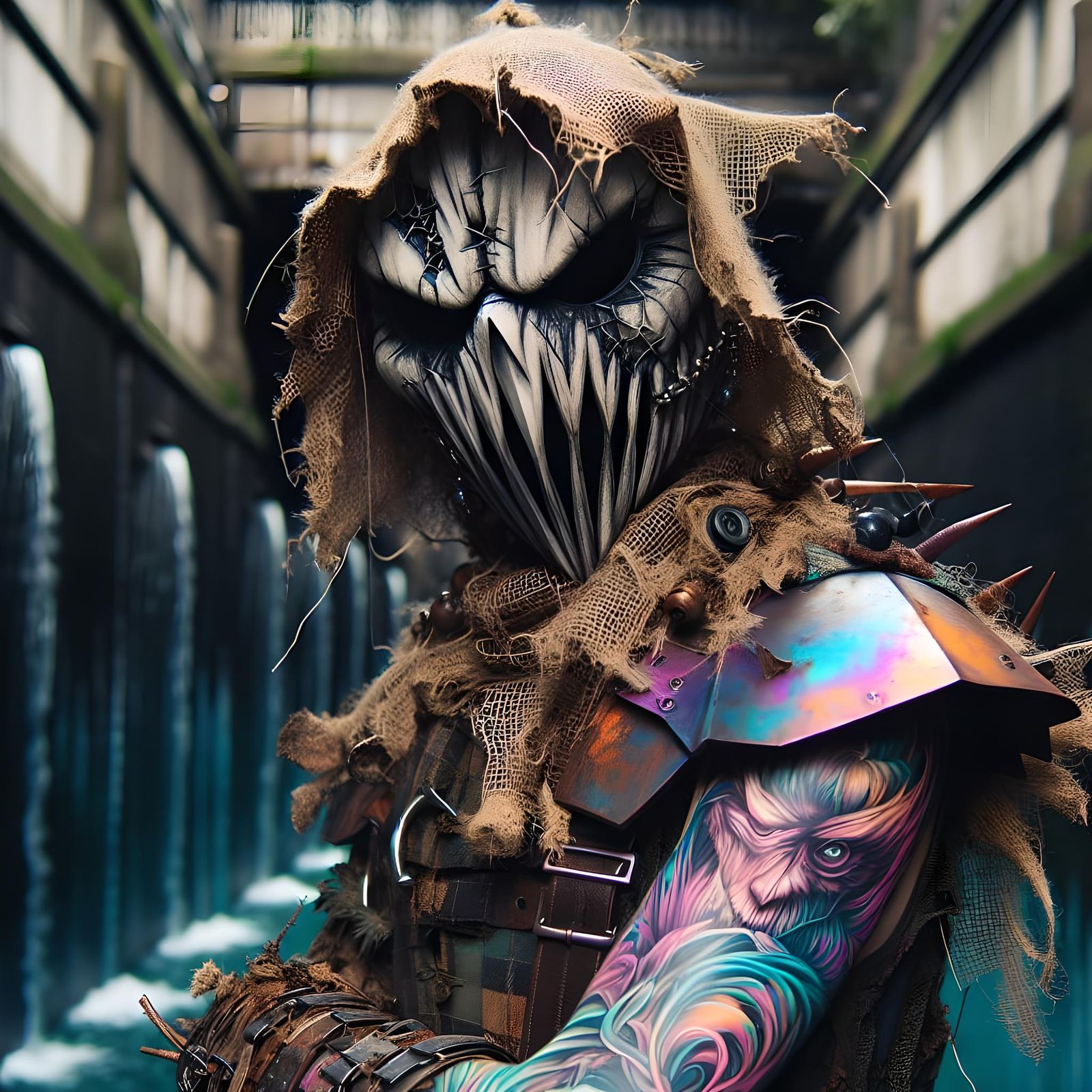 Cyberpunk Gothic Scarecrow Portrait in City Sewer