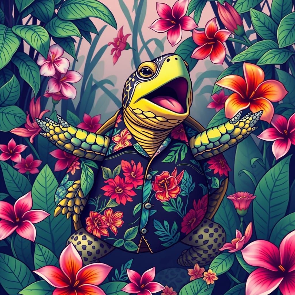 Singing Turtle in Hawaiian Shirt, Whimsical Art