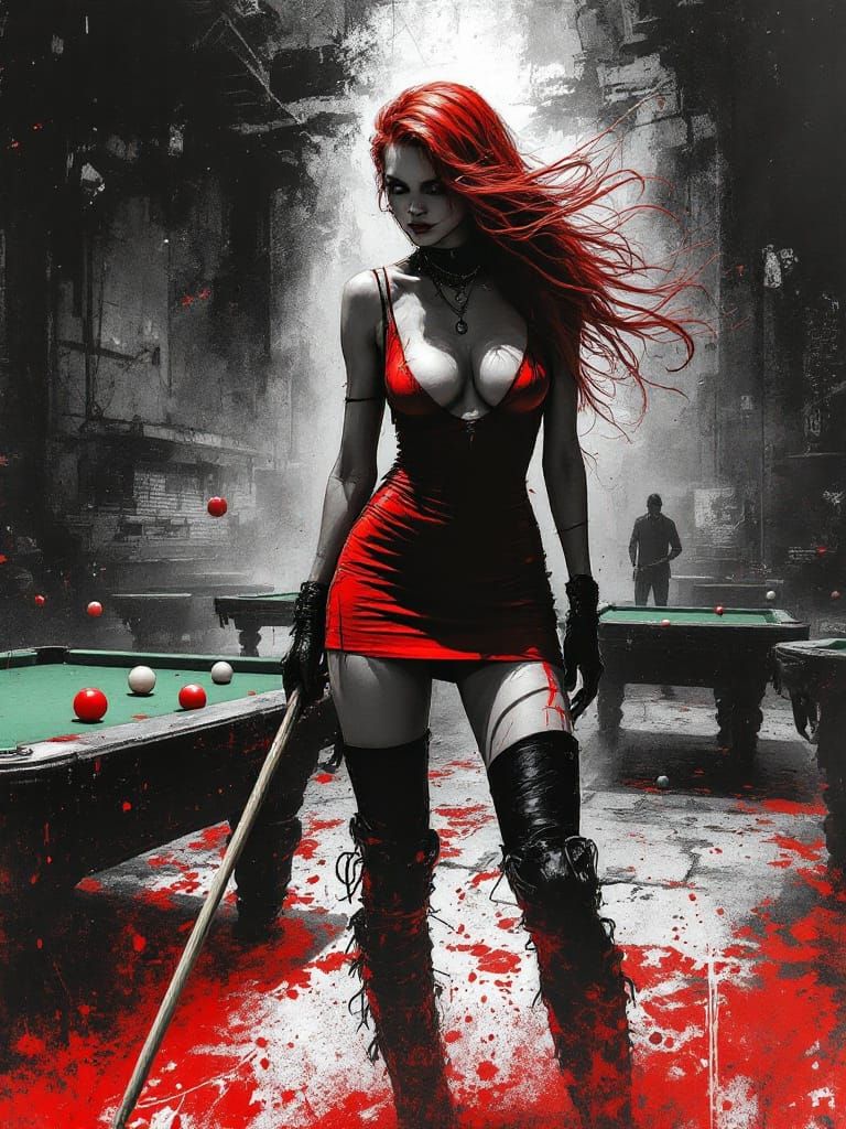Red Haired Woman in Post-Apocalyptic Pool Hall