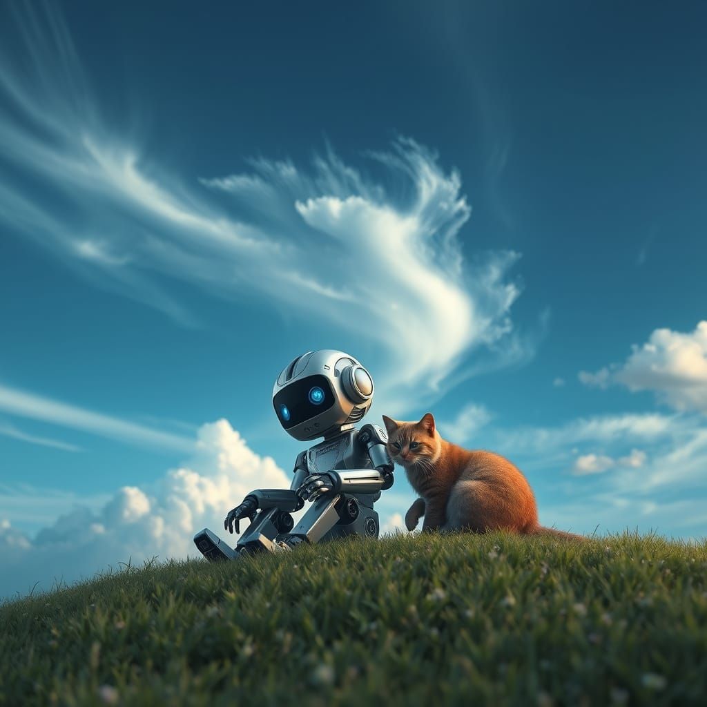 Cute Robot and Cat on Meadow Hill