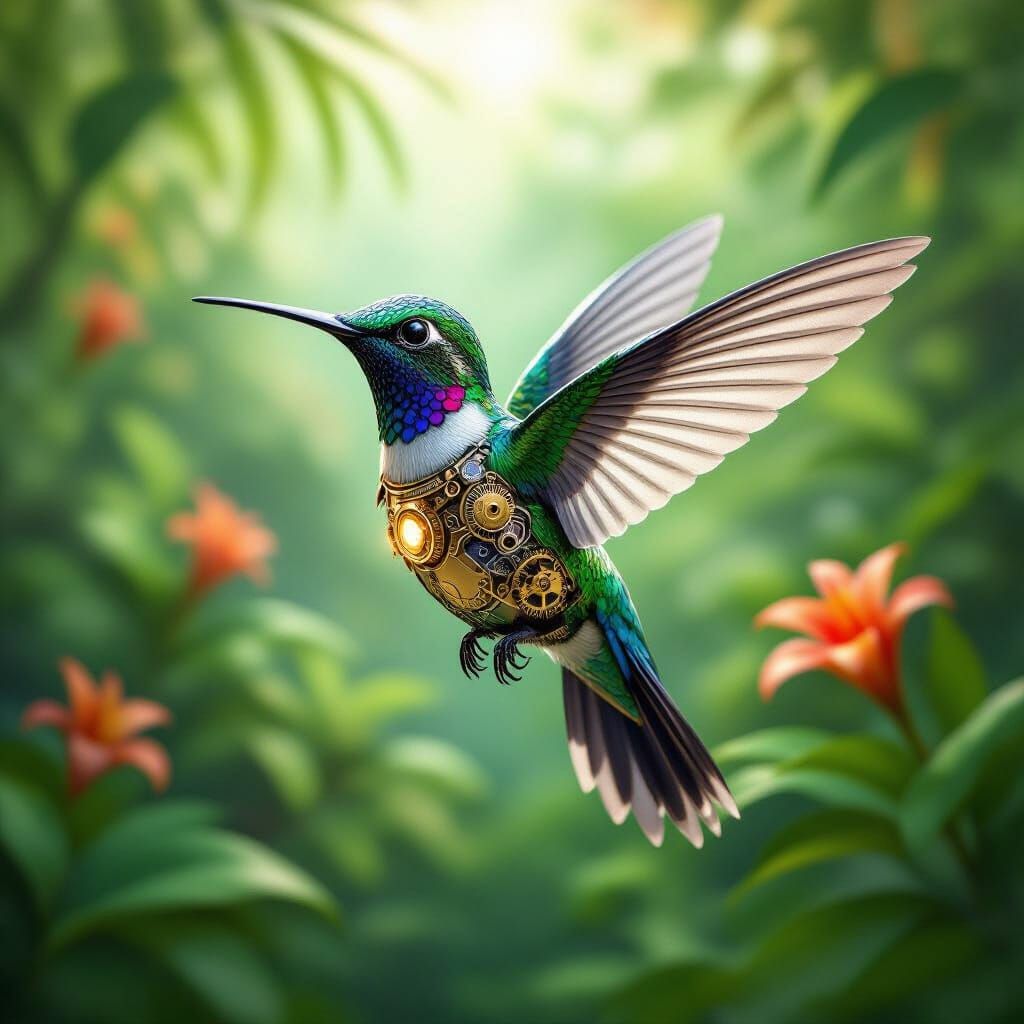 Mechanical Hummingbird in Lush Garden, ArtStation Concept Ar...