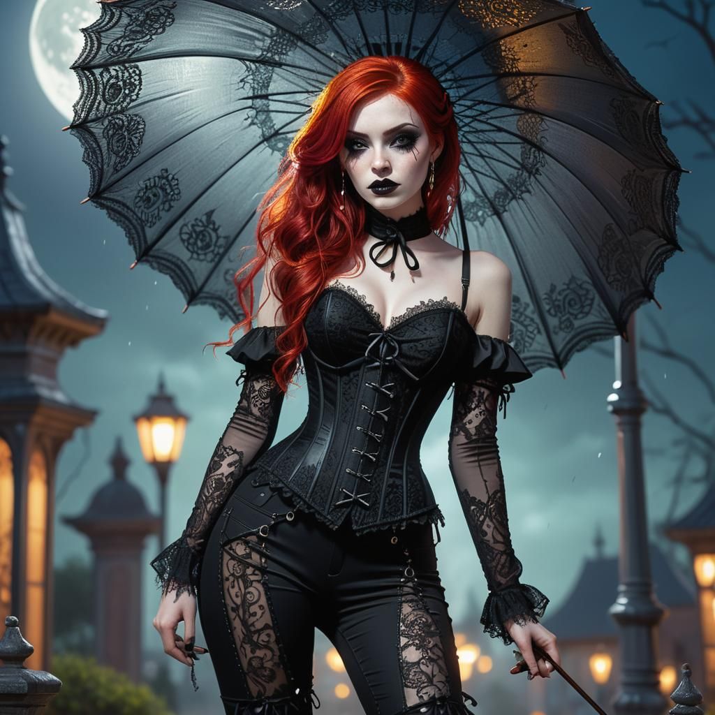 Redhead Goth Girl with Parasol in Moonlight