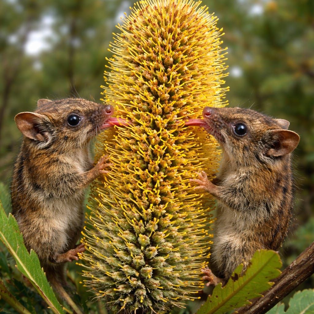 Banksia Flower with Honey Possums Eating Pollen
