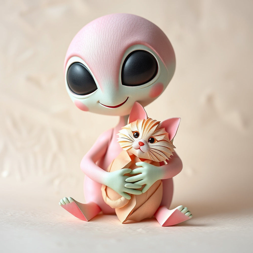Pastel Alien Cradling Cat in Origami Style