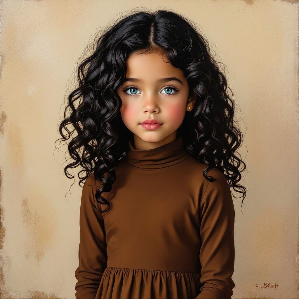 Oil Painting of a Modest Girl with Curly Black Hair
