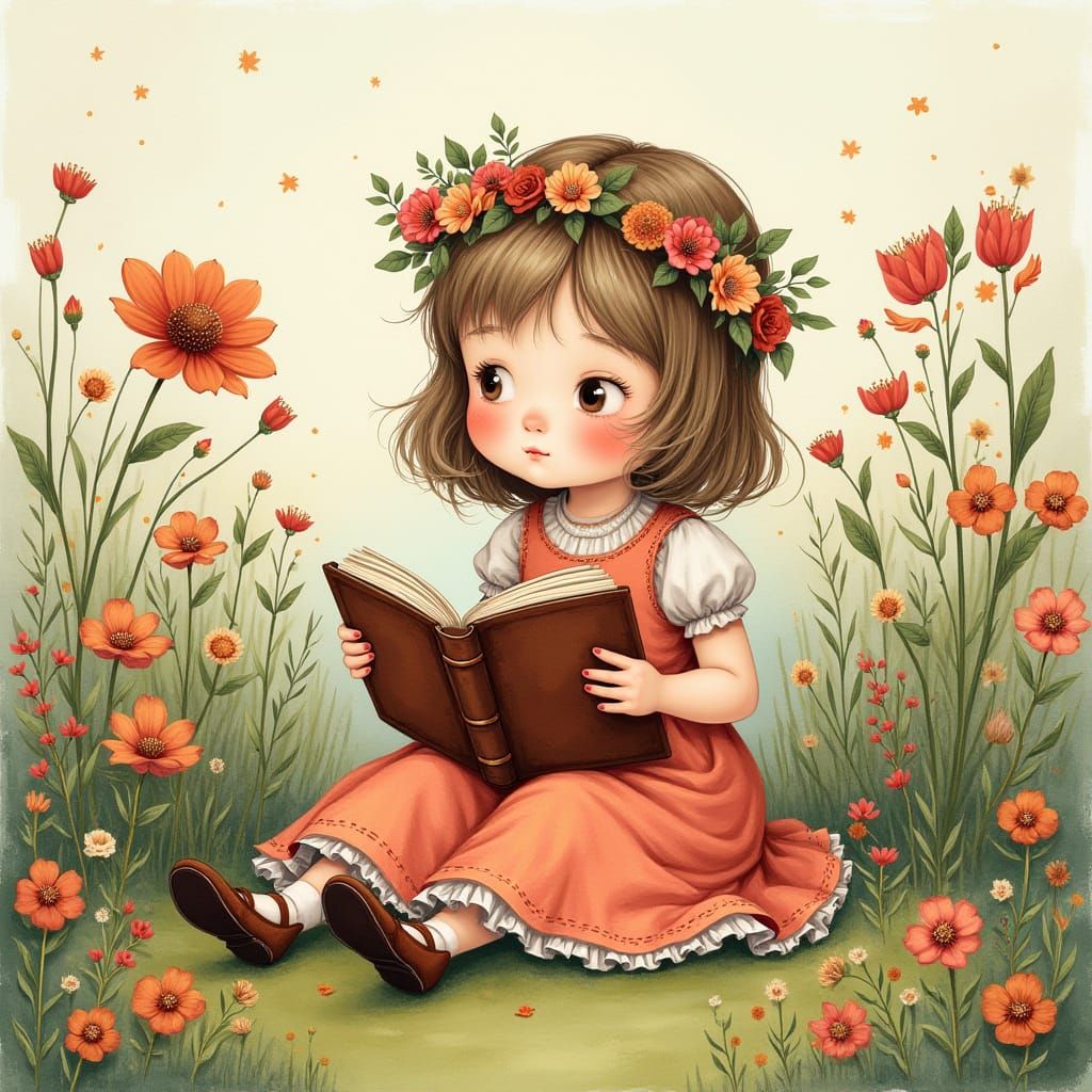 Whimsical Girl Reads in a Vibrant Floral Garden