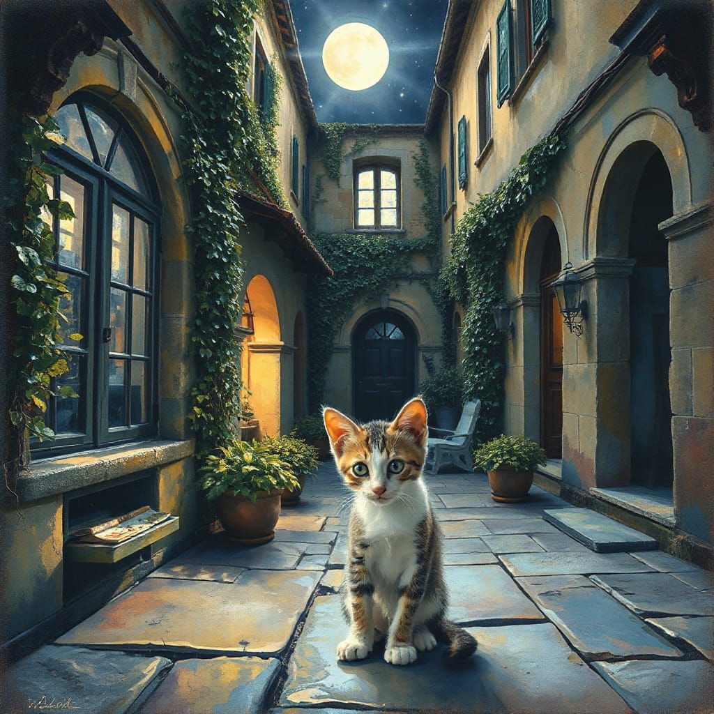 Moonlit Kitten: Expressionist Watercolour Fractal Art