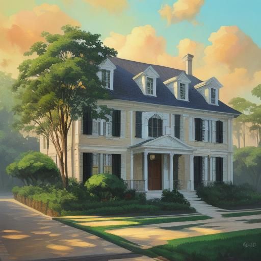 White Colonial House in Gouache Painting Style