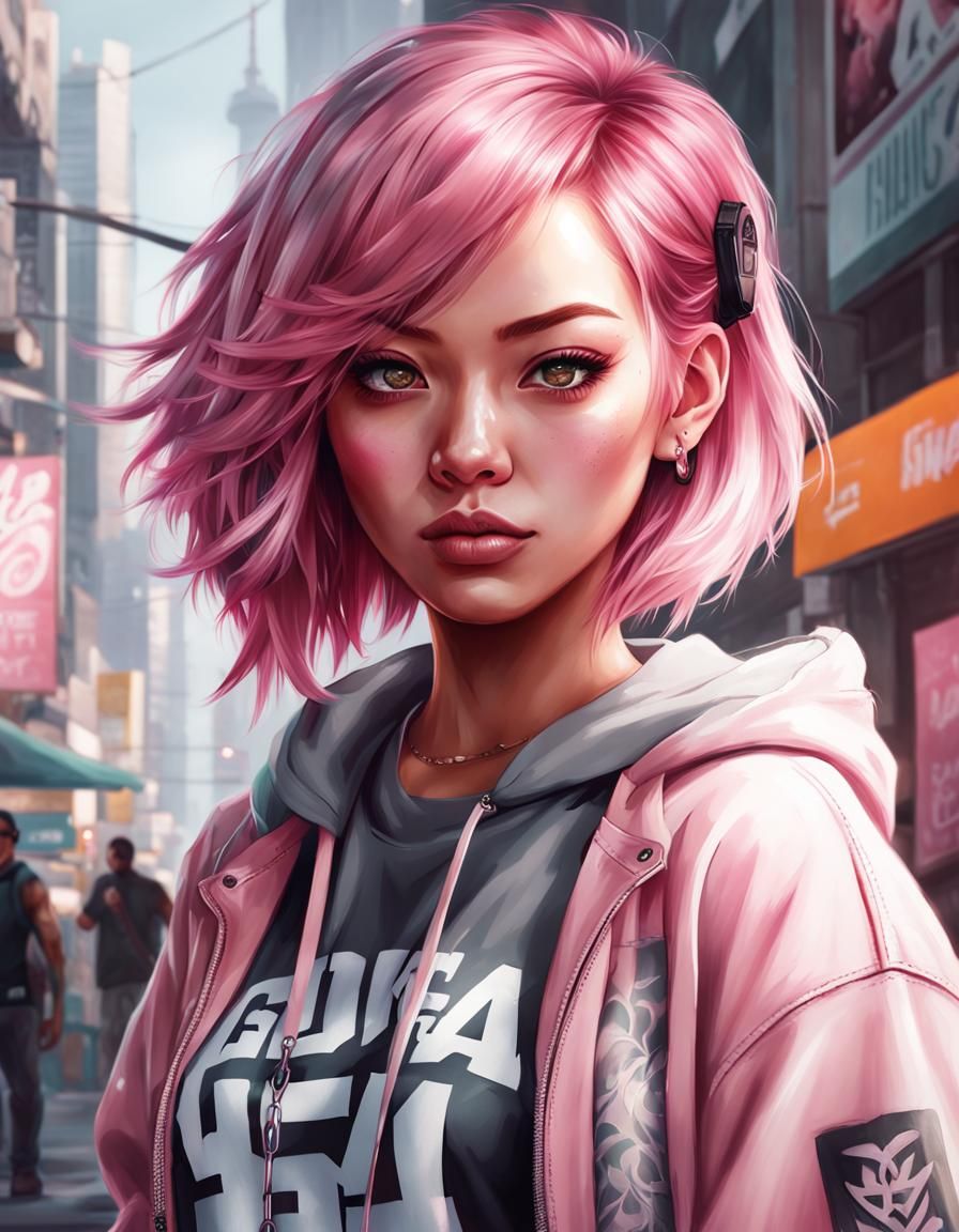 Pink Haired Girl in Airbrush Style Portrait