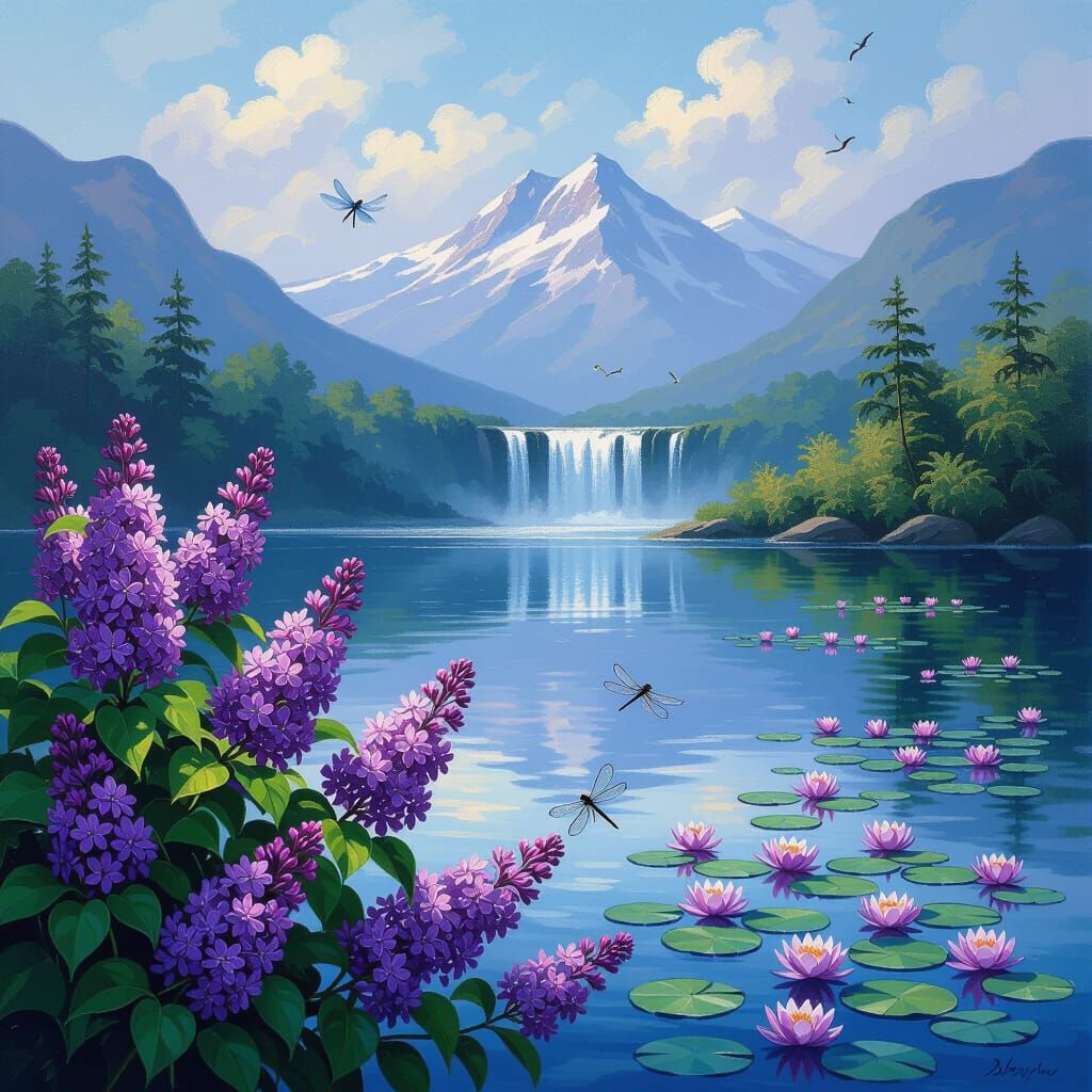 Serene Lilac Landscape with Distant Waterfall