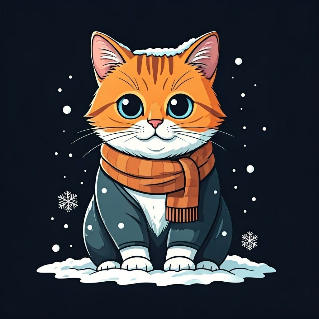 Warm Cartoon Cat in Snowy Scarf