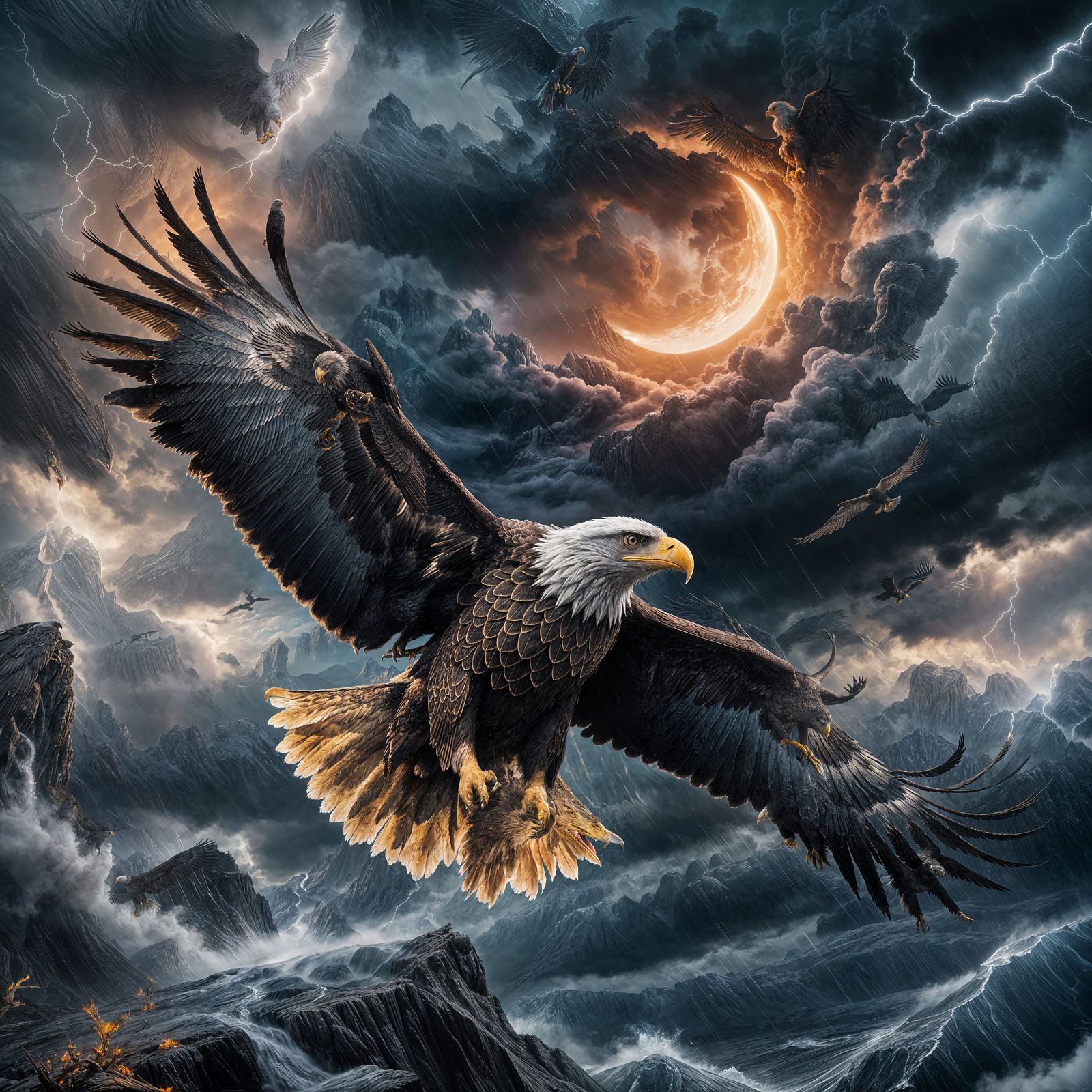 Monochrome Eagle: Detailed Matte Painting in Black and White