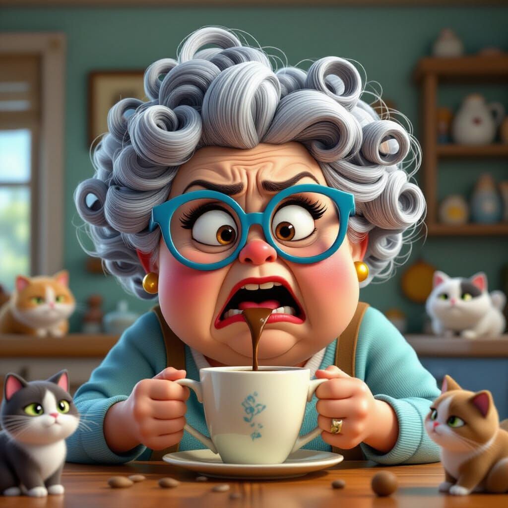 Grumpy Old Lady Yelling While Pouring Coffee With Cats