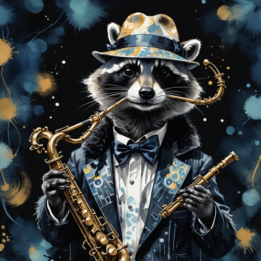 Raccoon Jazz Saxophonist in Fauvist Watercolor Style