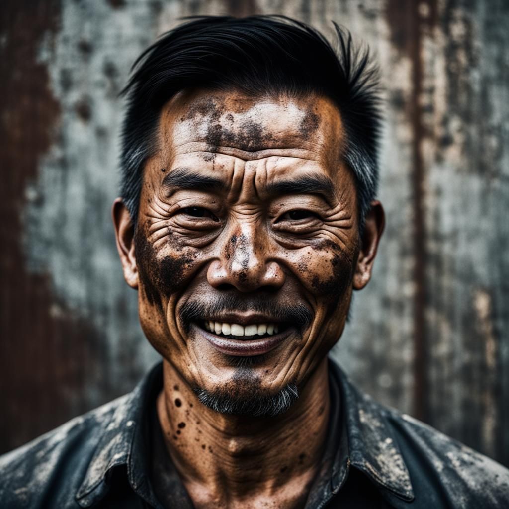 Iron Texture Portrait of Smiling Asian Man