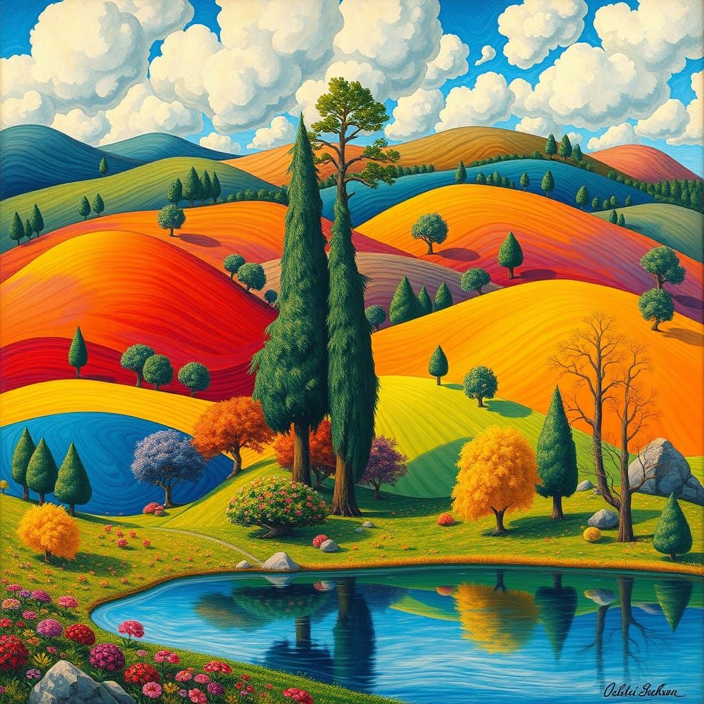 Surrealistic Nature Landscape with Rolling Hills and Serene...