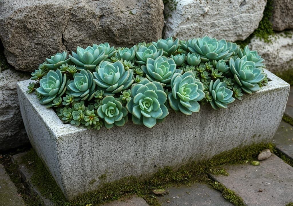 Succulent Garden in Cement Planter, Botanical Art
