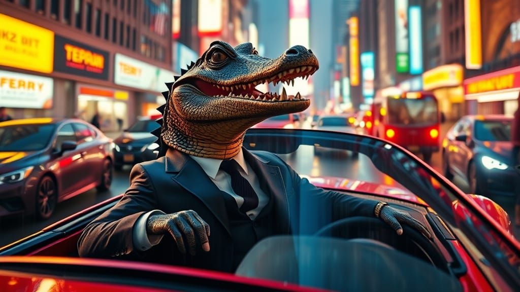 Photorealistic Crocodile Drives Ferrari in Neon City Traffic