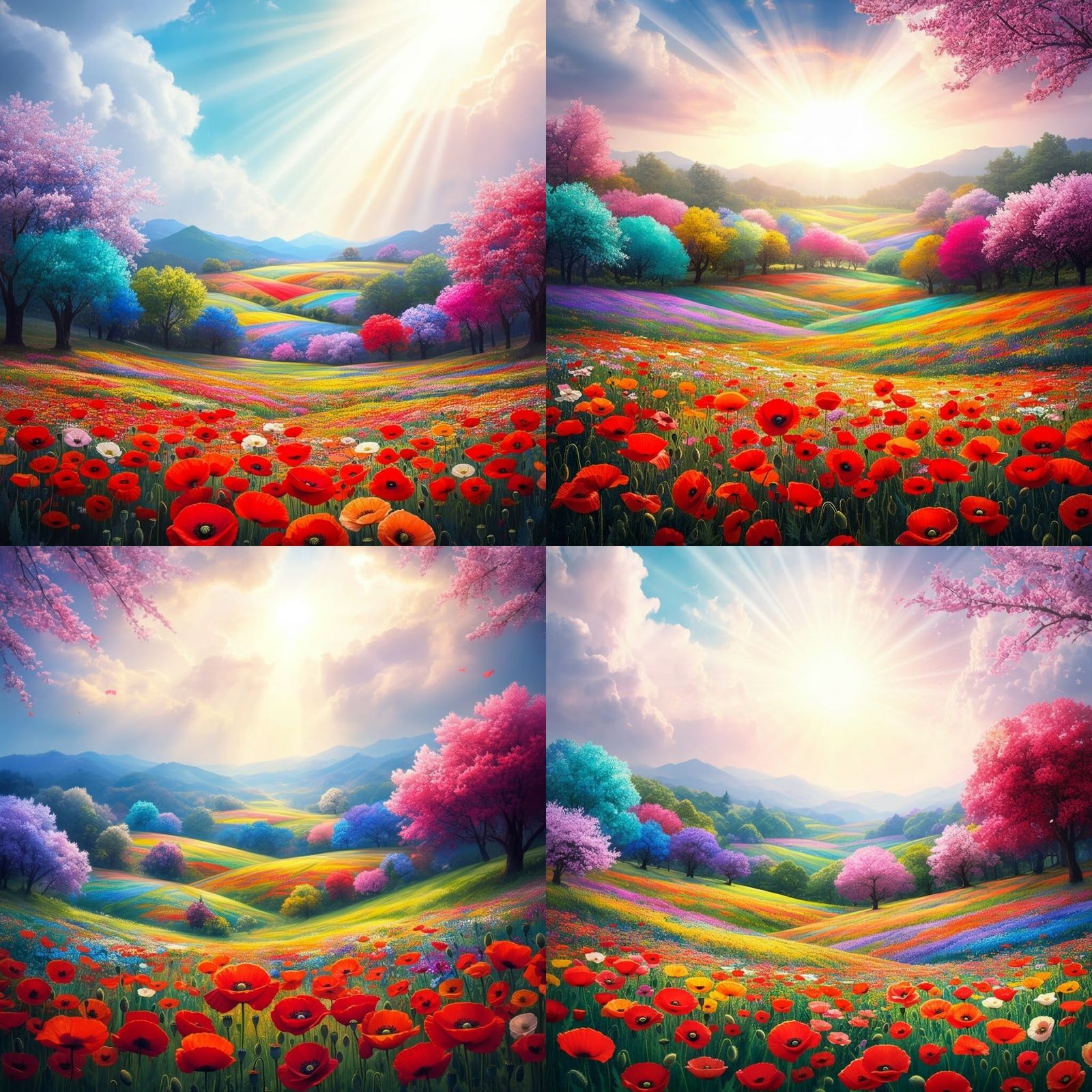 Colorful Poppies Landscape with Rolling Hills