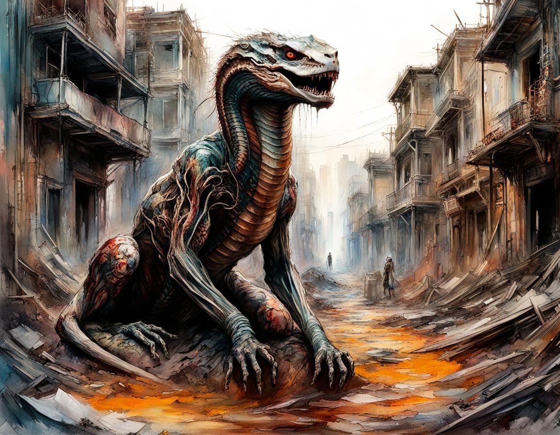 Macabre Cronenberg Body Horror Monster in Ruined City