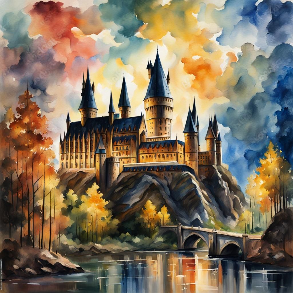 Hogwarts in Gouache Style Impressionist Painting