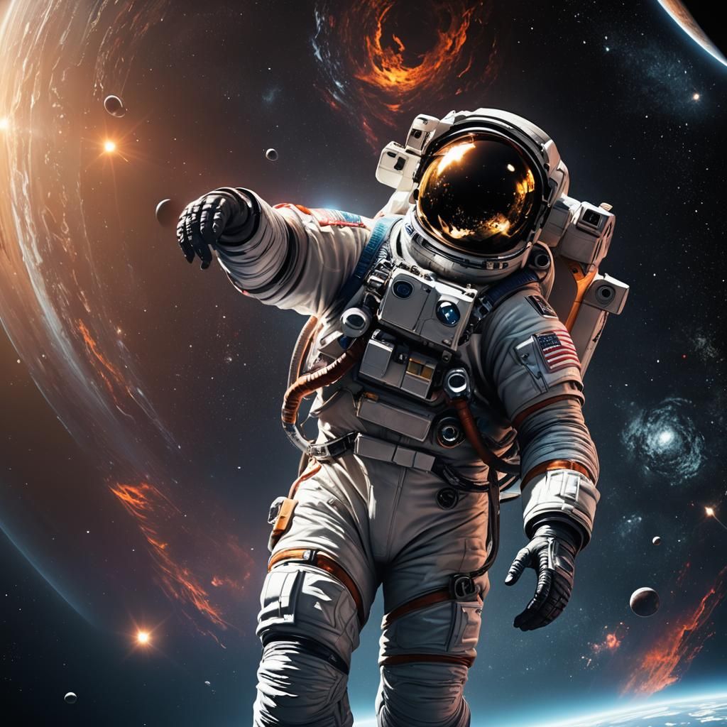 Astronaut in Space Reflecting Planet Rings: 3D Render
