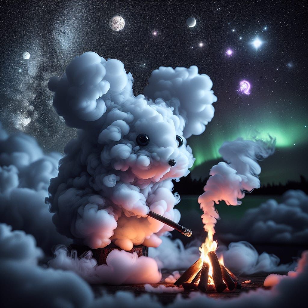 Smoky Chibi Mouse Gazing at Campfire Under Northern Lights