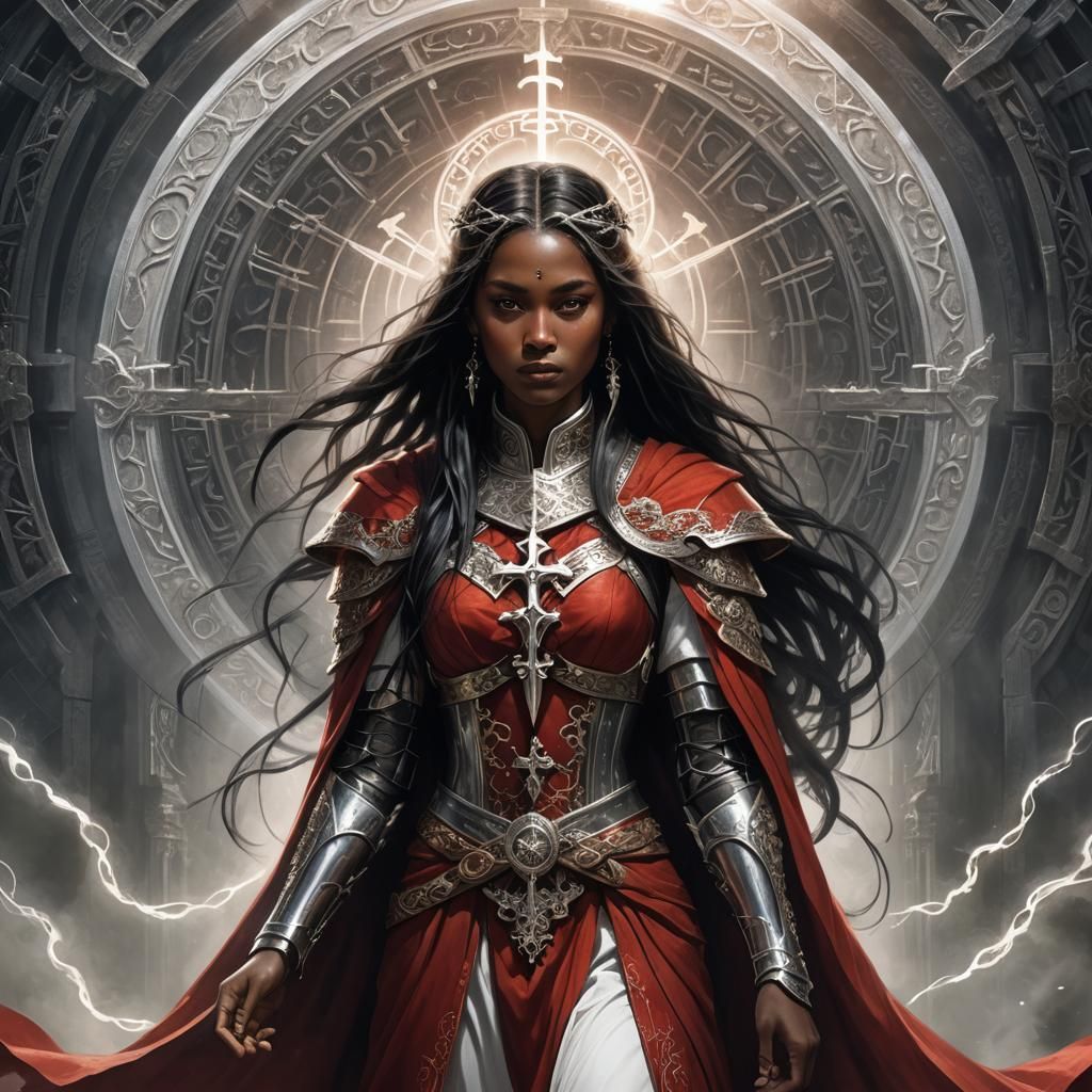 Majestic Female Cleric in Ornate Armor