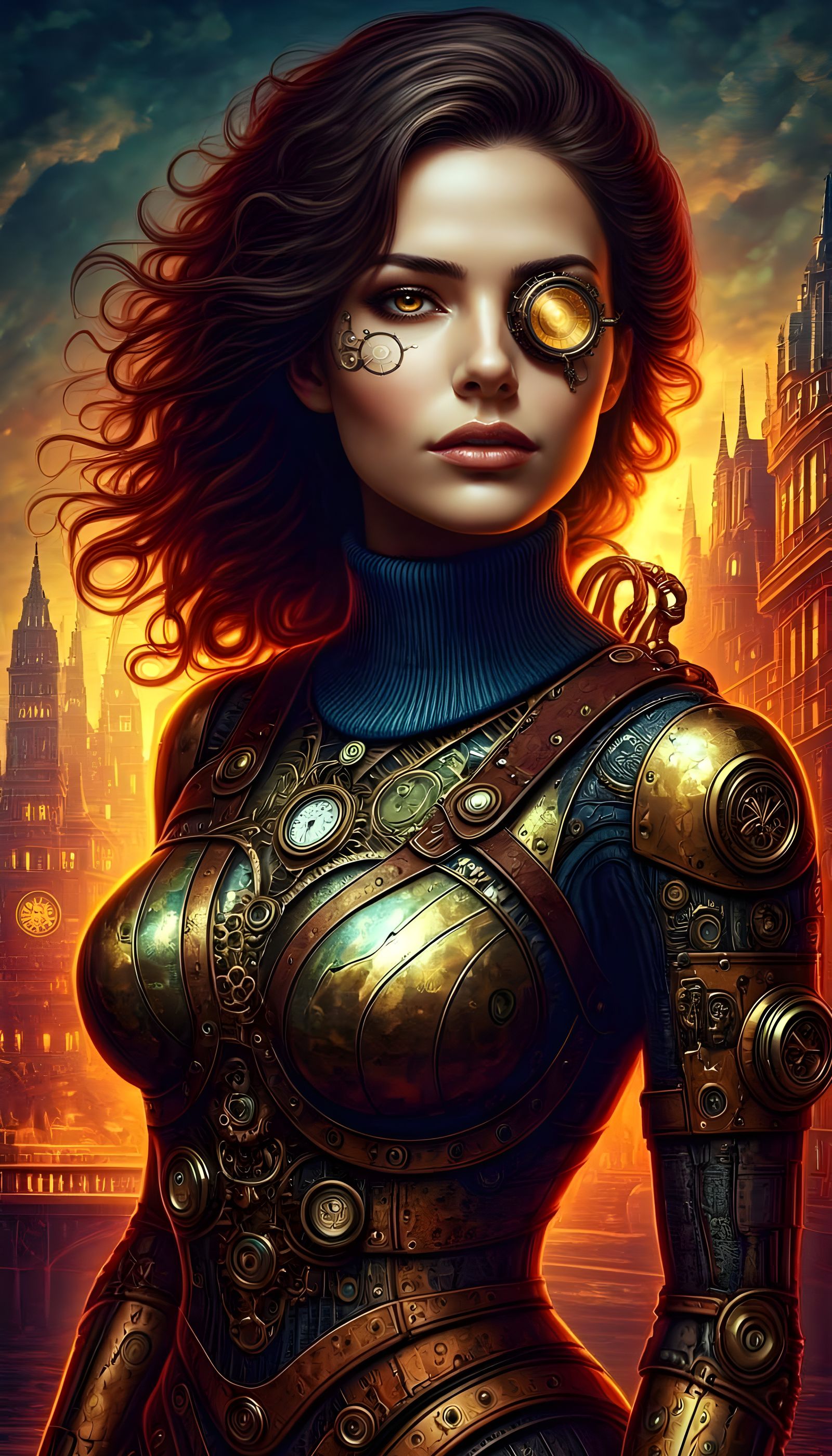 Steampunk Automaton with Mechanical Details and Cityscape