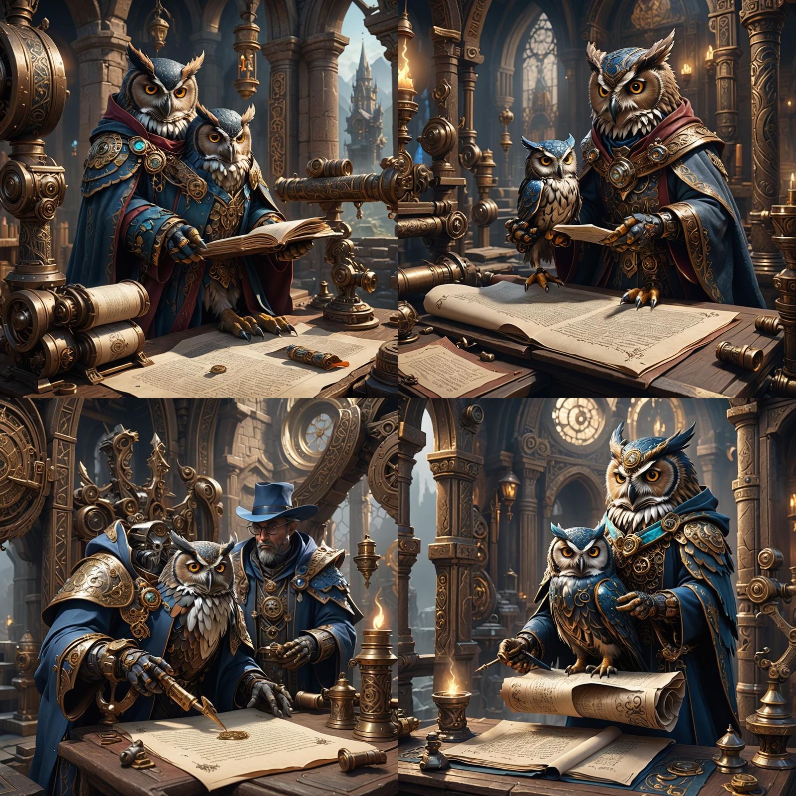 Mechanical Owl Mage Studies Ancient Scroll