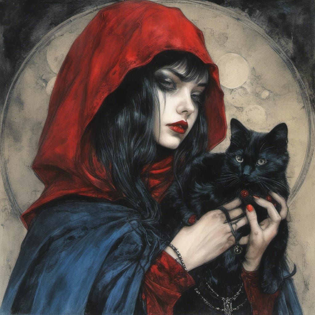 Drawing of a moody gothic girl with a red hood holding a black cat