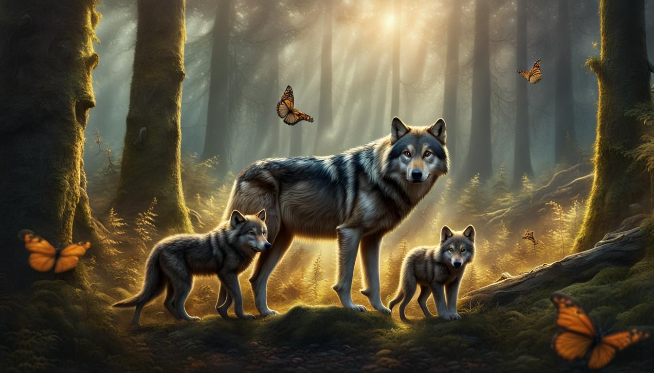 Enchanting Mother Wolf and Cubs in Forest