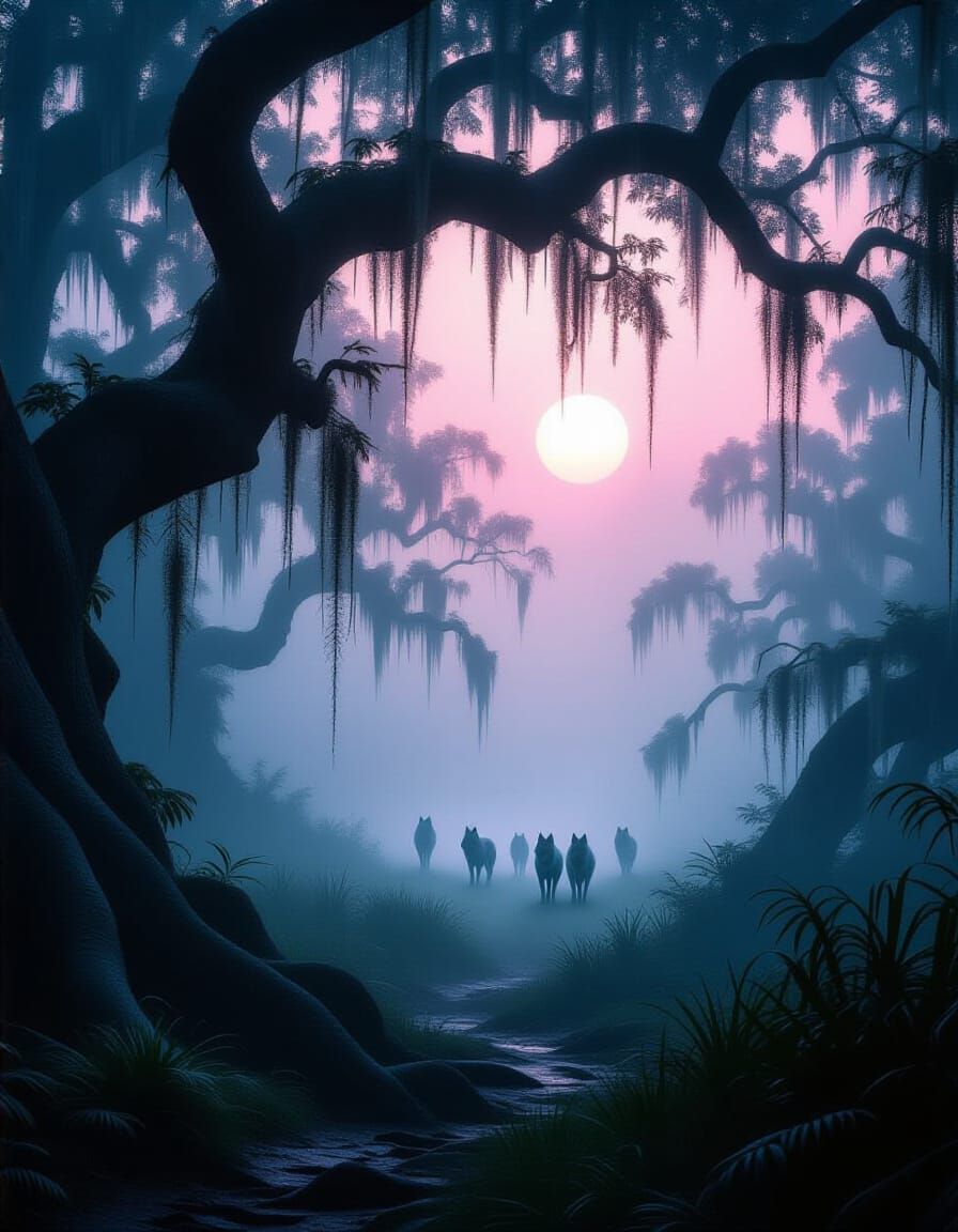 Misty Forest with Pink Sun and Ancient Trees