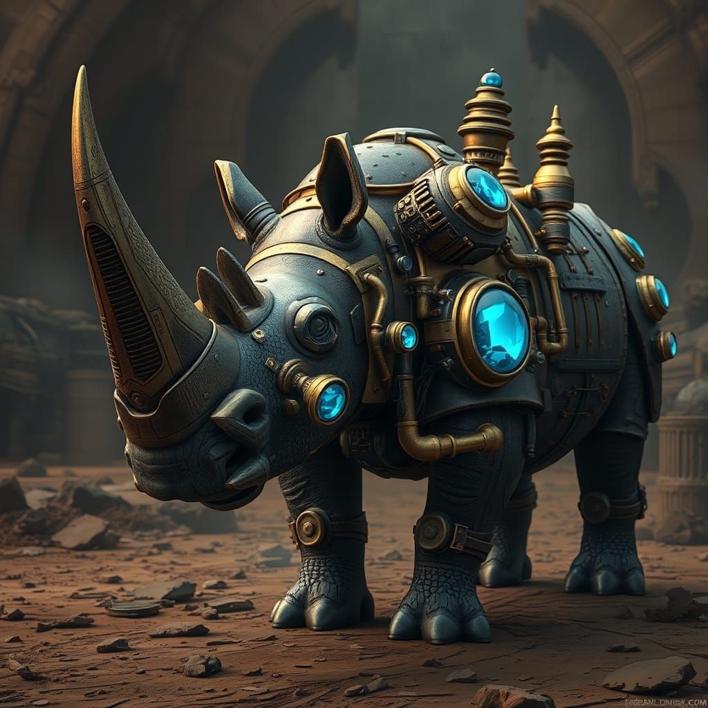 Steampunk Rhinoceros with Brass Armor and Gemstones