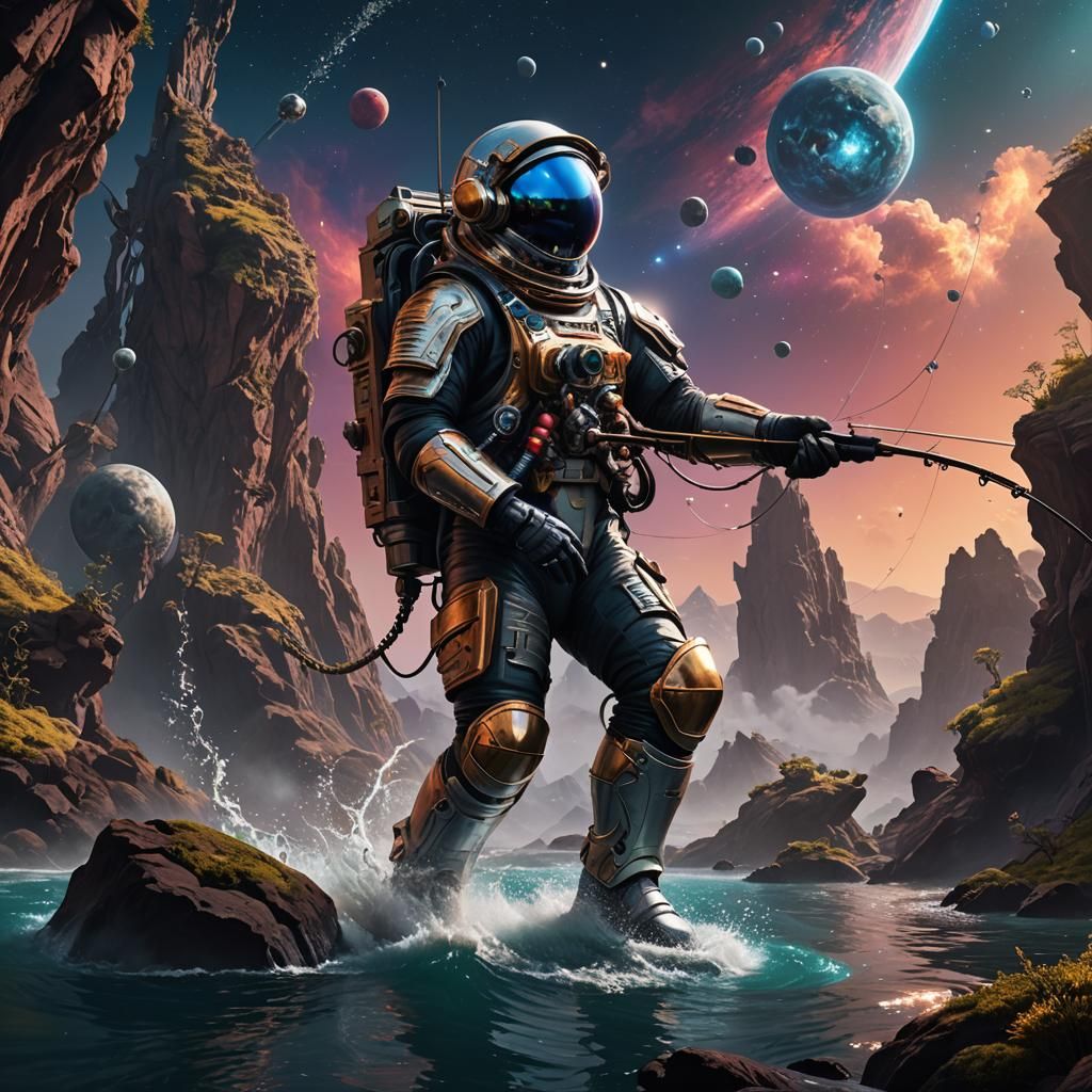 Astronaut Fishing: Detailed Matte Painting in Deep Color